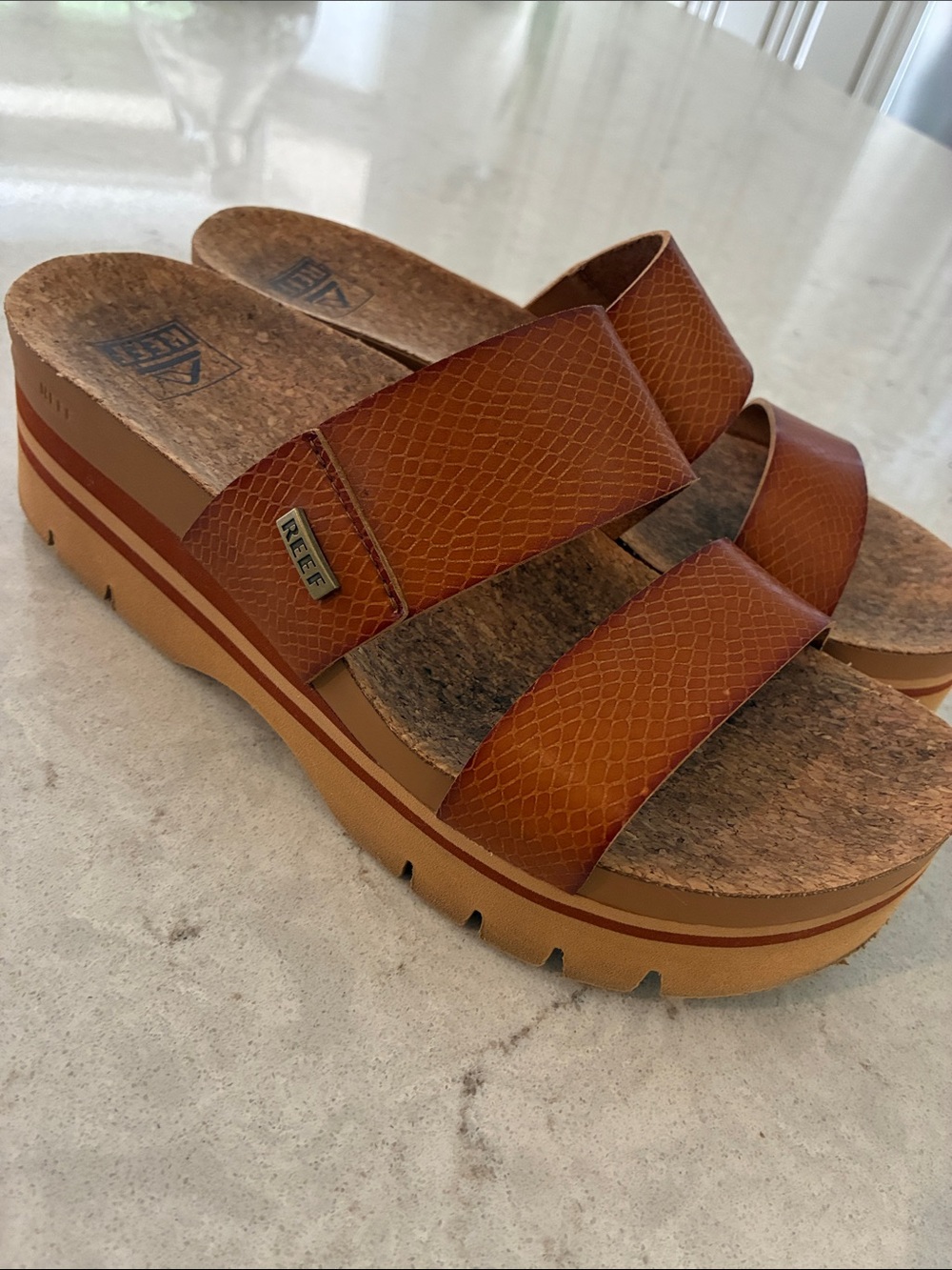 Reef Brown Leather Double-Strap Cork Slide Sandals - Picture 7 of 8